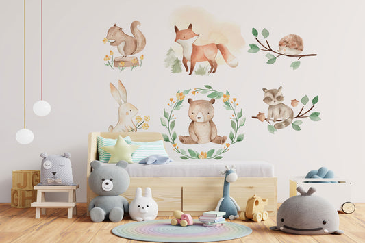 Forest Animals Nursery Wall Decal Sticker, Woodland Animals Wall Art, Watercolor Wall decal for kids