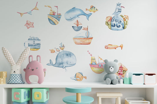 Waterland Dolphine Wall decal for kids / ocean / sea / fish / underwater set / hand painted / watercolor