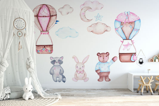 Hot Air Balloon Wall decal, Nursery decal Personalized Name, Watercolor Safari animals wall sticker, Baby girl, Jungle animal decor Wall art