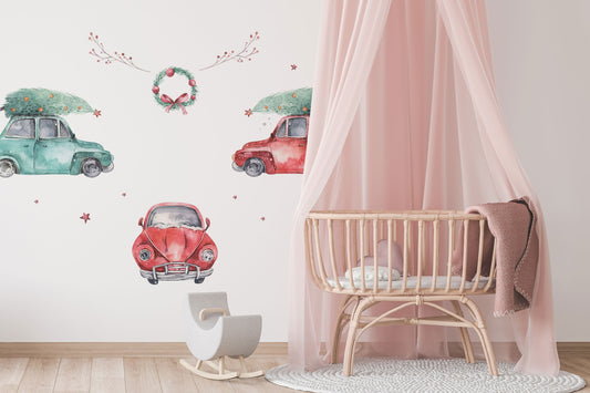 Christmas Tree & Santa Claus Removable Fabric Wall Stickers / Decals with Xmas Sleigh, Peel and Stick for Nursery, Kids Bedroom