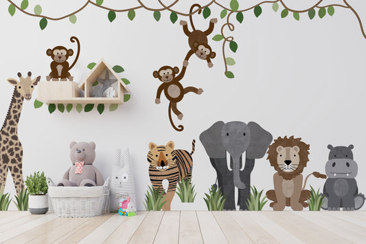 Safari animals and monkey large wall decals, jungle animal wall stickers for nurseries, adjustable jungle wall decals, repositionable decal